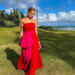 Robe de soirée longue en tulle à contraste rose avec haut tube rouge et mode unique gh3082