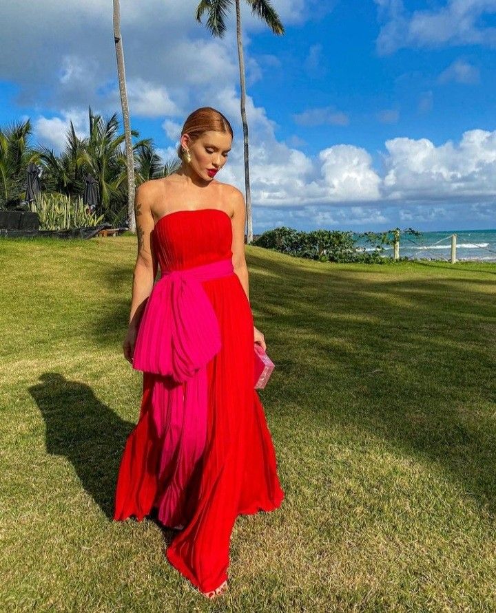 Robe de soirée longue en tulle à contraste rose avec haut tube rouge et mode unique gh3082