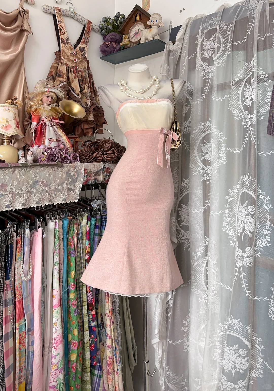 ✨Girlhomeshops-Pink White Strapless Midi Mermaid Gown Vintage Lace Hem gh10136