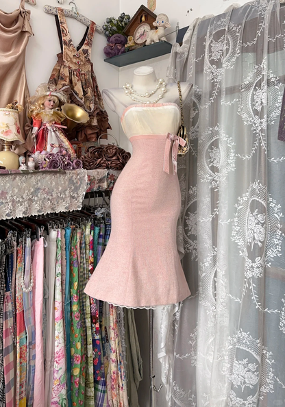 ✨Girlhomeshops-Pink White Strapless Midi Mermaid Gown Vintage Lace Hem gh10136