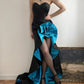 Black elegant sweetheart neckline ruffled skirt long satin floor-length train ball gown evening dress party dress gh3237