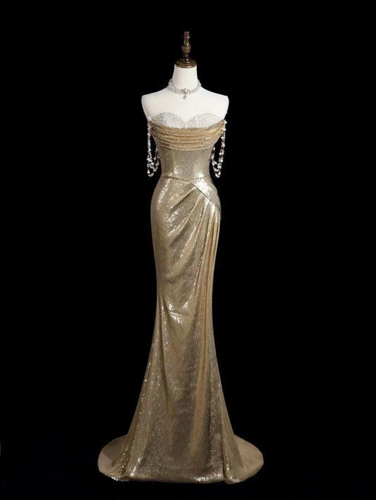 Gold Gorgeous Fashion Elegant Exquisite Beaded Long Sequin Mermaid Slim Ball Gown Evening Dress gh3422