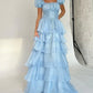 Robe de soirée princesse bleue élégante, coupe trapèze, manches courtes, longue, en tulle, robe de bal, gh4197