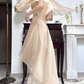 Pale‑Apricot‑Vintage‑Bohemian V‑Neck Batwing‑Flutter‑Sleeve Leaf‑Sequin‑Embroidery High‑Waist High‑Low‑Chiffon Evening Tea‑Party Gown gh8814
