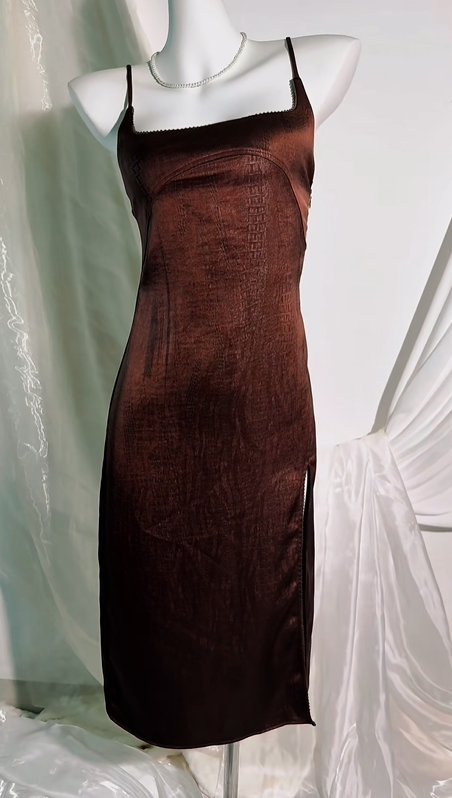 Sexy Vintage Dark Brown Satin Short Prom & Evening Party Dress, Spaghetti Straps, Fitted Waist Slim Silhouette gh8548