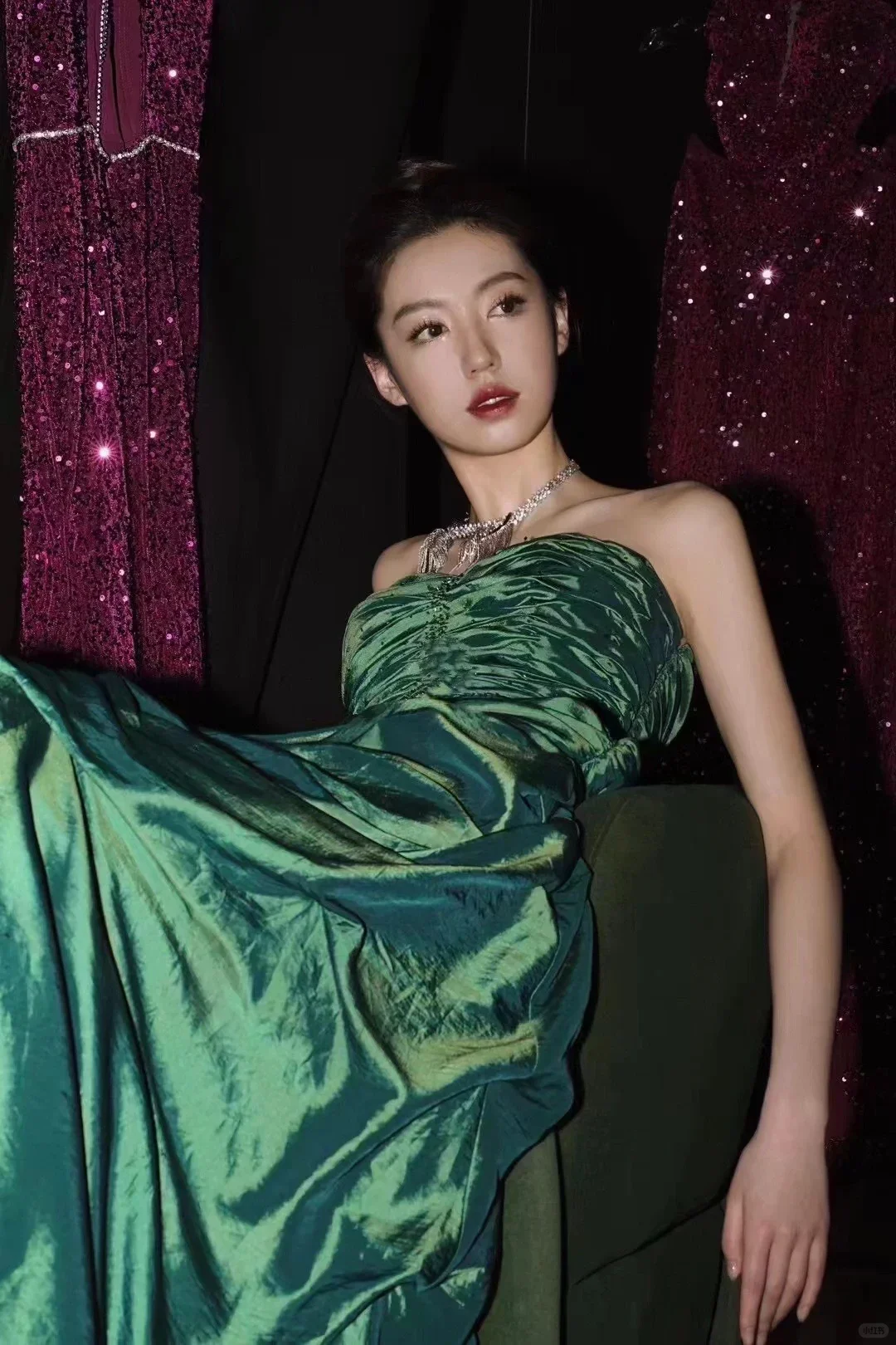 Dark Green Iridescent Strapless Ruffled Long Evening Gown Ruched Prom Dress gh9853
