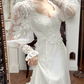 Ivory Vintage V‑Neck Tulle Wedding Dress, Sheer Puff Long Sleeve Bridal Gown gh8748