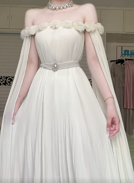 Off‑White Off‑The‑Shoulder 3D Floral Cape Sleeve Long Evening Gown, Beaded Waistband Pleated Chiffon Formal Prom Dress gh9002