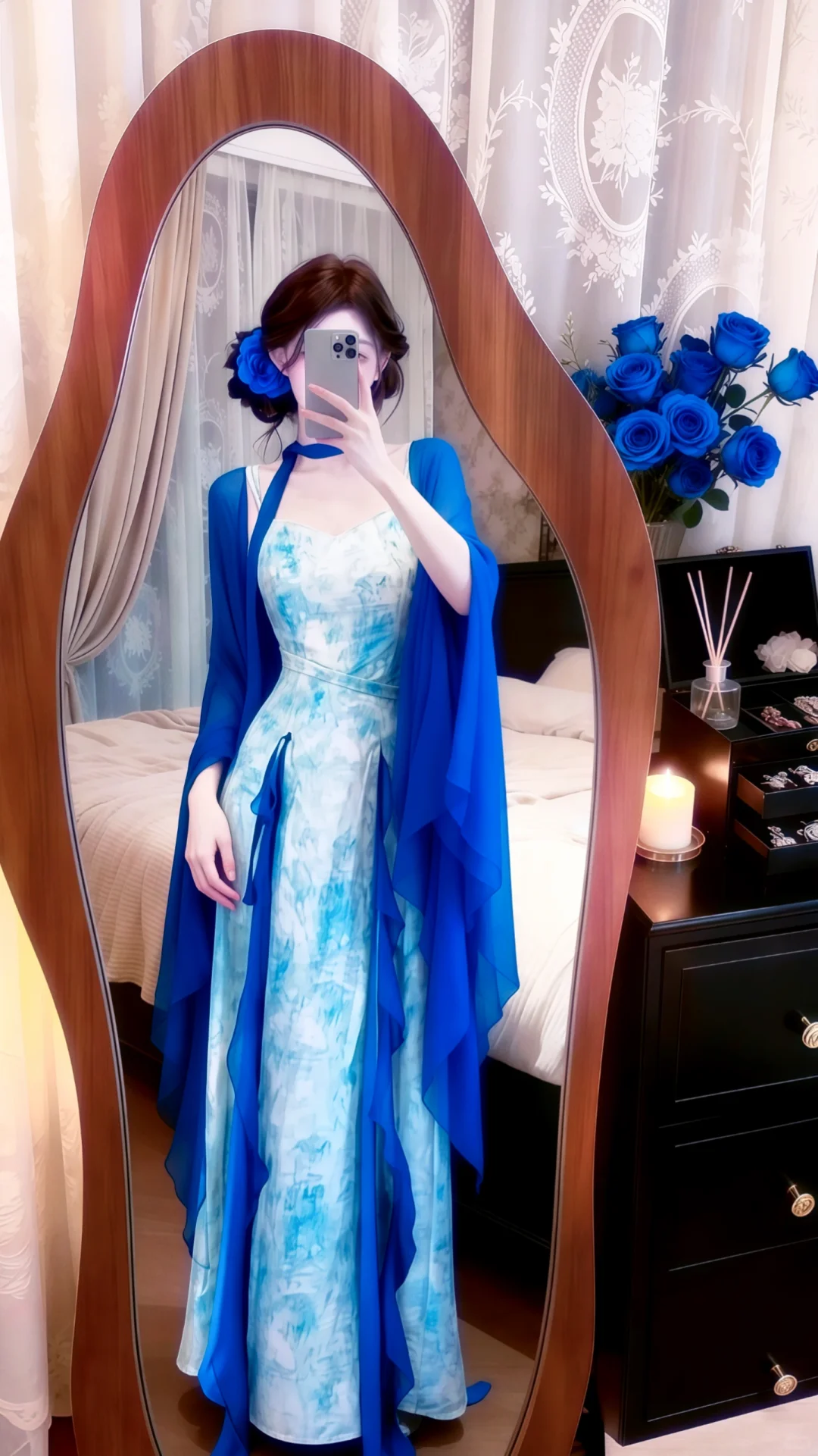 Blue‑White Ink‑Wash Spaghetti Straps Evening Gown, Chiffon Cape Set Tie‑Dye Print Long Prom Dress gh9134