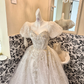 Ivory Puff Sleeve Square Neck Beaded Cinched Waist Voluminous Skirt Long Romantic Dress, Wedding Gown gh7783