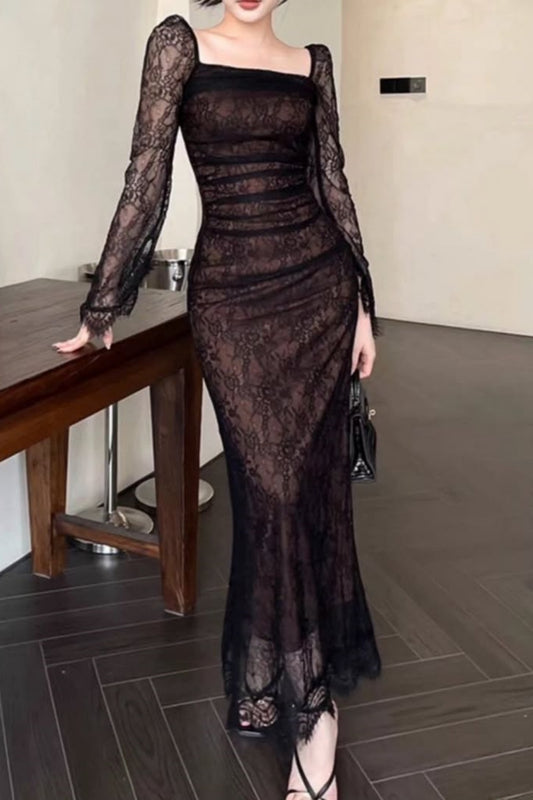 Glam Black Lace Mermaid Maxi Dress | Square Neck Sheer Fitted Dress, Gala Fashion Friends Gathering Outfit gh6450