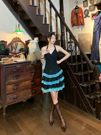 Halter V Neck Black Cocktail Dress, Tiered Skirt with Turquoise Lace Ruffle Vintage Short Formal Gown gh9881