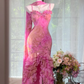 Pink Tie Dye Spaghetti Strap Mermaid Prom Dress, Ruffled Slit Skirt with Rhinestones, Matching Chiffon Shawl Evening Gown gh9499