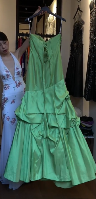 Strapless Apple Green Satin Prom Dress Draped Ruched 3D Floral Formal Evening Gown gh9807