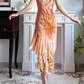 Warm‑Orange Vintage Floral‑Print Spaghetti‑Strap Party Gown, Cowl Neck, Fitted Silhouette, Asymmetrical Ruffled Midi Skirt, Flowy Chiffon Fabric, Evening Cocktail Dress gh8808