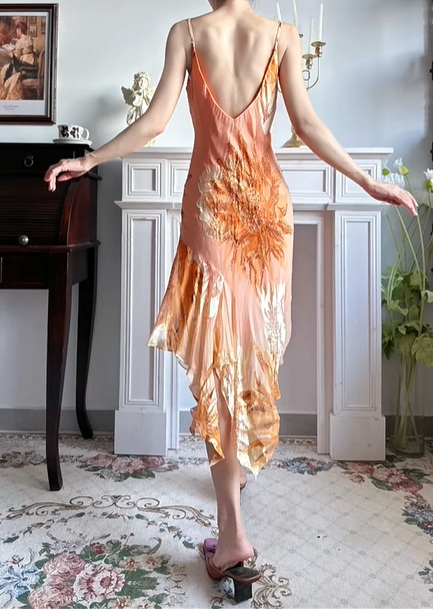 Warm‑Orange Vintage Floral‑Print Spaghetti‑Strap Party Gown, Cowl Neck, Fitted Silhouette, Asymmetrical Ruffled Midi Skirt, Flowy Chiffon Fabric, Evening Cocktail Dress gh8808