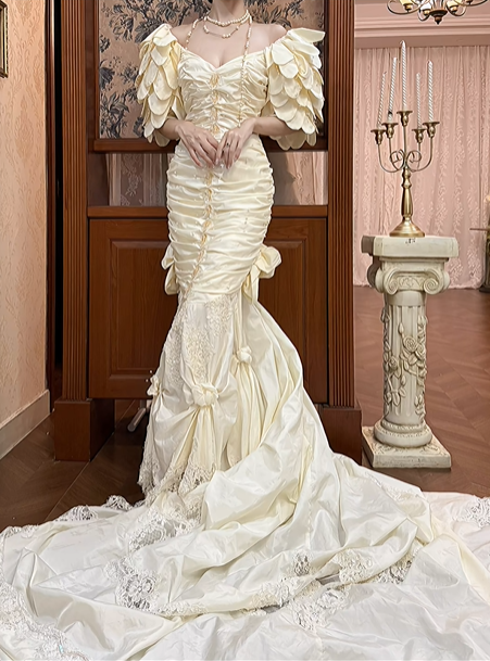Cream Vintage Satin Mermaid Wedding Prom Dress, Halter Pearl Straps, 3D Petal Sleeves, 3D Flowers Bows Lace Long Train gh8706