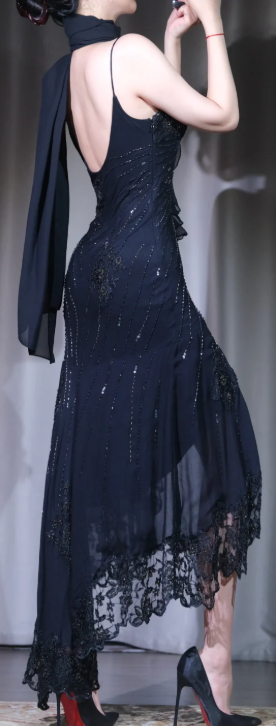 ✨Girlhomeshops-Black Spaghetti Strap Prom Gown Beaded Sequin Irregular High Low Lace Chiffon Evening Dress gh10075
