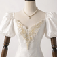 Ivory White Vintage French Wedding Dress, Puff Short Sleeve V‑Neck Lace Beaded Embroidery Fitted Bodice Satin Bow High‑Low Ruffle Bridal Gown gh9082
