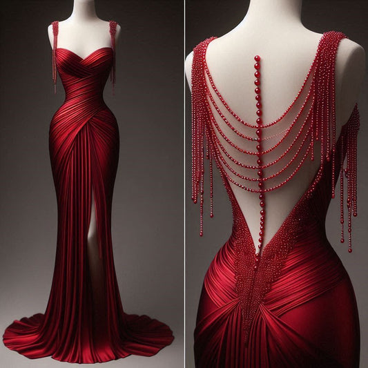 Girlhomeshops-Red satin exquisite beaded sweetheart neckline sexy backless slit long satin prom dress evening dress birthday party dress gh5381