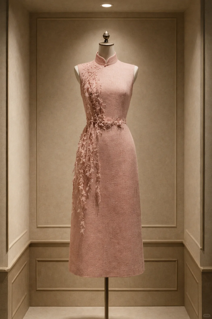✨Girlhomeshops-Dusty Pink Sleeveless Qipao with Cascading 3D Floral Tassel gh10519