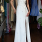 White Vintage Prom Dress Strapless Tube Top Hand Beaded Chiffon Front Slit Long Evening Gown gh9612
