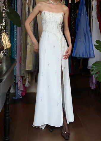 White Vintage Prom Dress Strapless Tube Top Hand Beaded Chiffon Front Slit Long Evening Gown gh9612