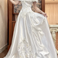 White Vintage Satin A‑Line Wedding Prom Dress, Off‑the‑Shoulder V‑Neck Cape Sleeves, Lace Beaded Bodice, Lace Appliqués Long Train gh8712