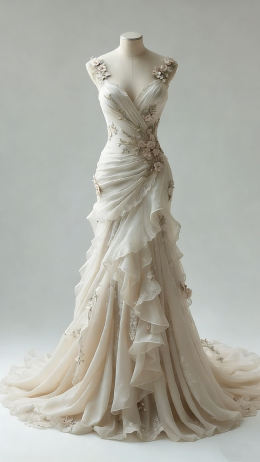 Ivory Vintage Floral Long Tulle Ball Gown Wedding Dress (lace up style without revealing the back) gh4955