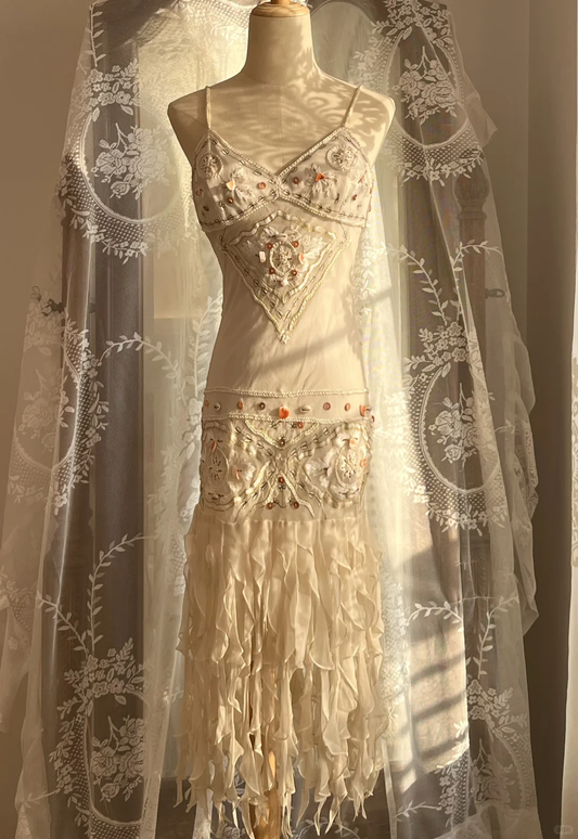 Cream 1920s Flapper Slip Midi Gown, Beaded Embroidered Fringe Evening Dress gh9352