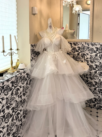 Ivory Spaghetti Strap Off-Shoulder Waist-Cinched Tiered Puffy Cake Skirt Romantic Dress, Wedding Gown gh7518