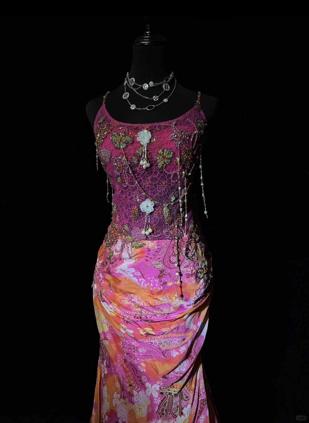 Spaghetti Straps Mermaid Prom Dress Pink Orange Gradient Paisley Floral Print Hand Beaded Formal Gown gh9550