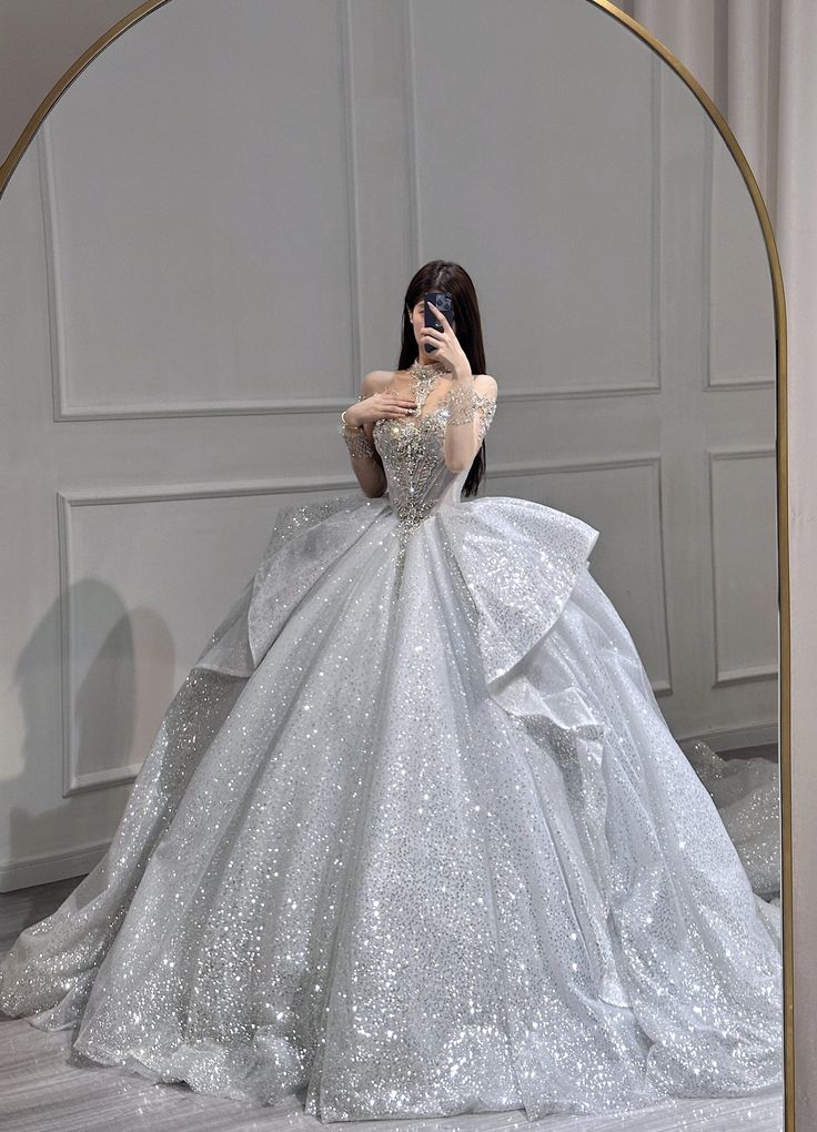 Silver Gorgeous Luxury Shiny Sequins Rhinestone Beaded Ruffle Fluffy Tulle Long Ball Gown Evening Dress Wedding Dress gh3135