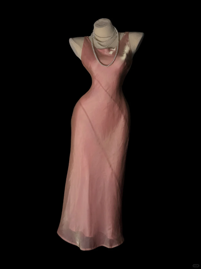 Dusty Pink Vintage Slip Evening Gown, U‑Neck Spaghetti Straps, Bias Cut Seam Detail, Slim Column Midi Dress, Shimmer Iridescent Fabric, Formal Prom Party Dress gh8895