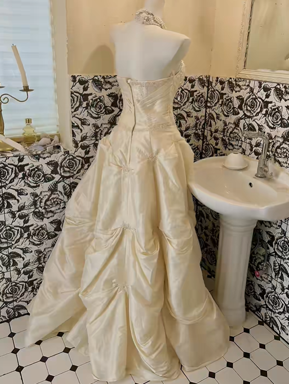 Ivory Strapless Cinched Waist Voluminous Floral Skirt Long Romantic Dress, Wedding Gown gh7818