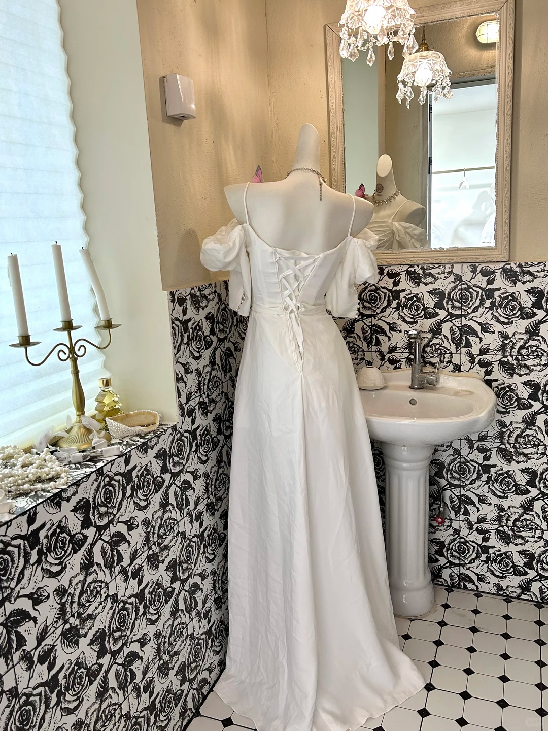 White Spaghetti Strap Off-the-Shoulder Waist-Cinched Elegant Vintage Romantic Dress, Wedding Gown gh7582