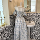 Blue Printed Off-the-Shoulder Waist-Cinched Elegant Vintage Romantic Dress, Wedding Gown gh7584