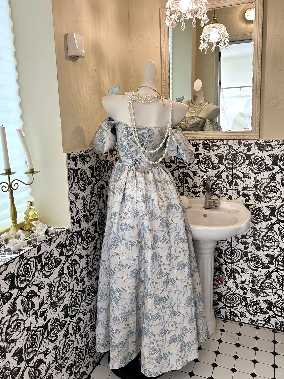 Blue Printed Off-the-Shoulder Waist-Cinched Minimalist Elegant Vintage Romantic Dress gh7593