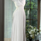 White Halter V-Neck Crinkled Chiffon Long Evening Dress, Beaded Waist A-Line Flowy Formal Gown gh9505