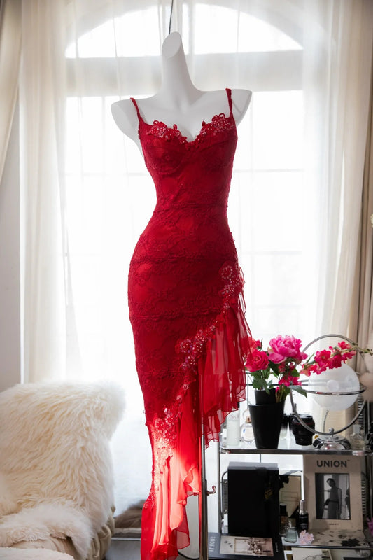 Red Fashion Elegant Delicate Floral Beaded Spaghetti Strap Midi Ruffle Mermaid Slim Fit Lace Chiffon Ball Gown Birthday Party Dress Evening Gown Prom Dress gh3977
