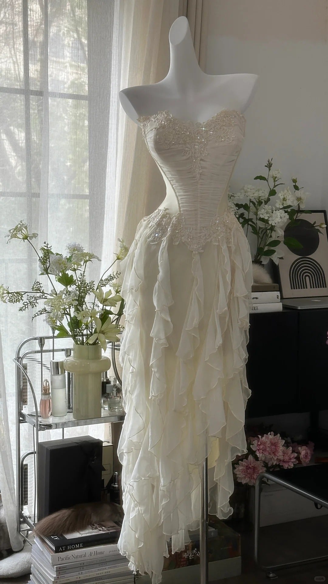 Ivory White Romantic Elegant Exquisite Beaded Backless Long Chiffon Ruffle Homecoming Dress Prom Dress Evening Dress Birthday Holiday Party Dress gh4009