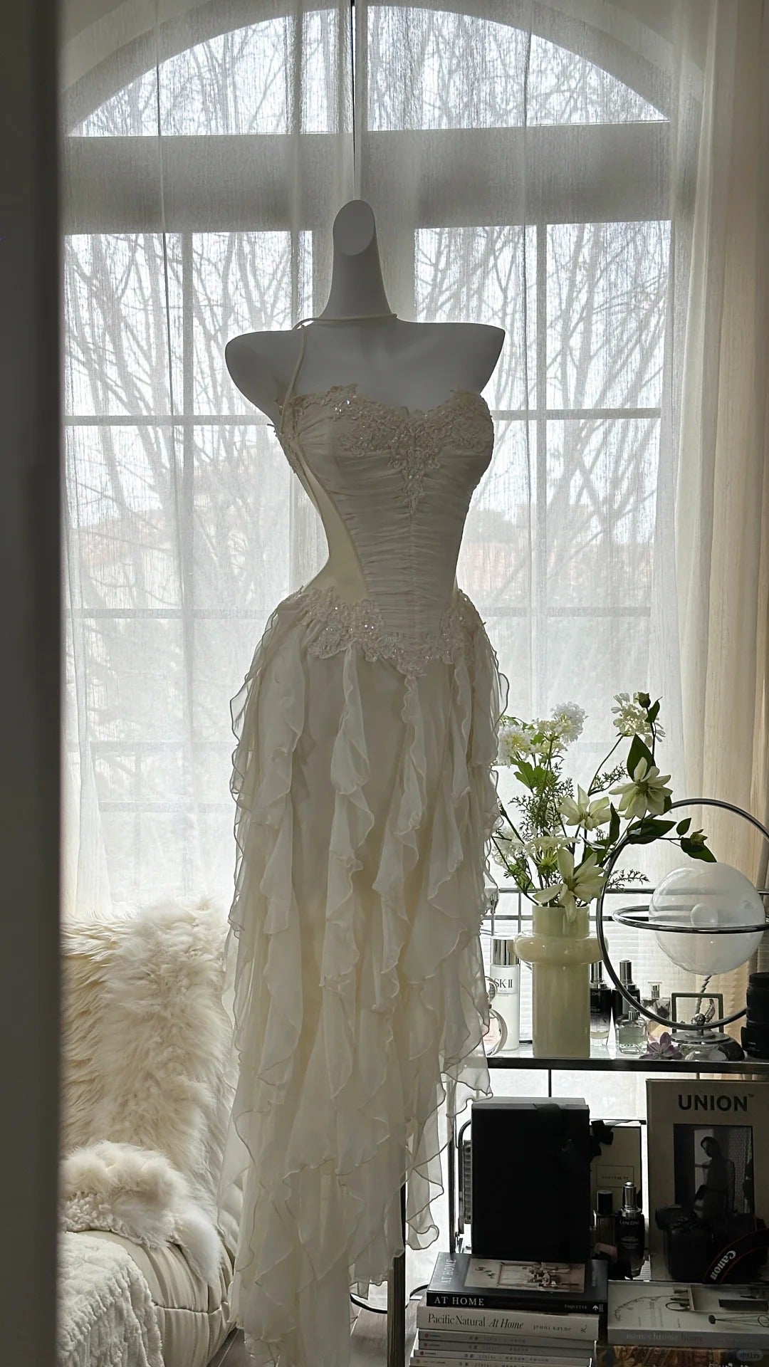 Ivory White Romantic Elegant Exquisite Beaded Backless Long Chiffon Ruffle Homecoming Dress Prom Dress Evening Dress Birthday Holiday Party Dress gh4009