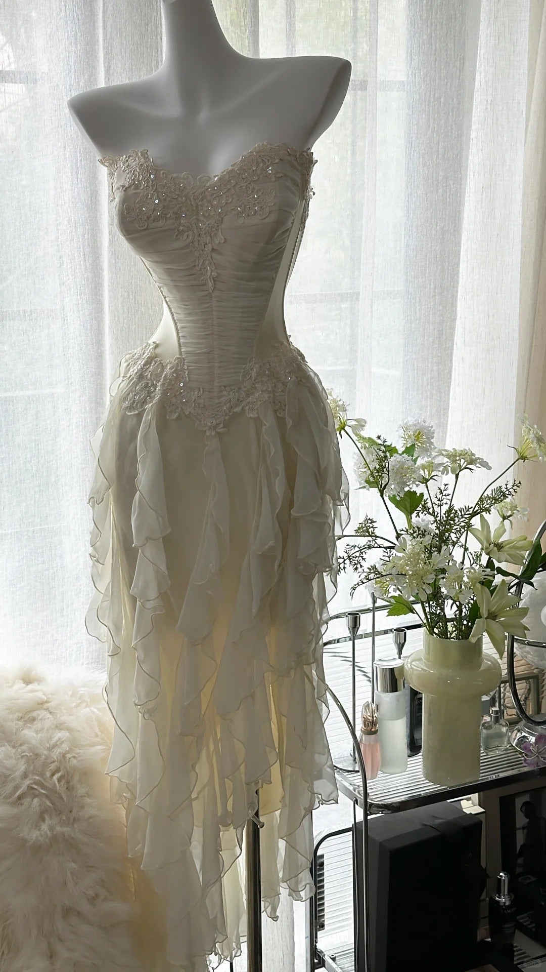 Ivory White Romantic Elegant Exquisite Beaded Backless Long Chiffon Ruffle Homecoming Dress Prom Dress Evening Dress Birthday Holiday Party Dress gh4009