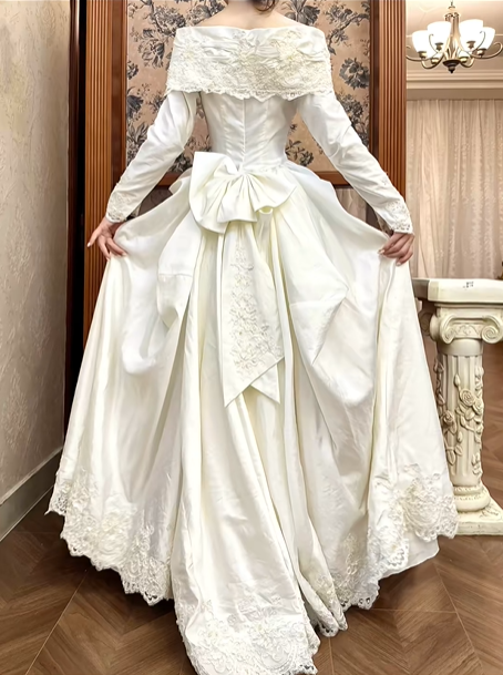 Ivory Vintage Satin Off‑Shoulder Wedding Gown, Pearl Button Lace Bridal Prom Dress gh8722