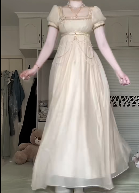 Cream Apricot Square Neck Puff Sleeve Empire Waist Long Gown, Mesh Panel Neckline, Pearl Chain Ornament, Flowy Chiffon Maxi Skirt, Vintage Prom Party Dress gh8924