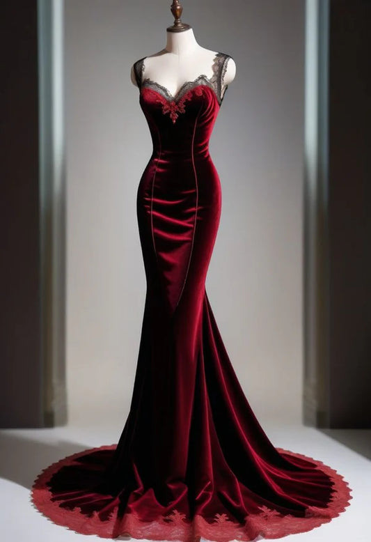 Burgundy Gorgeous Exquisite Beaded Lace Long Velvet Elegant Mermaid Slim Fishtail Ball Gown Evening Gown Party Dress gh3244