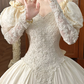 Ivory Vintage Wedding Ball Gown, Off‑the‑Shoulder Puff Short Sleeves With 3D Bows, Sweetheart Neck, Sheer Lace Long Sleeves, Beaded Lace Appliqués Fitted Bodice, Voluminous A‑Line Skirt With Scalloped Lace Hem, Prom Dress gh8659