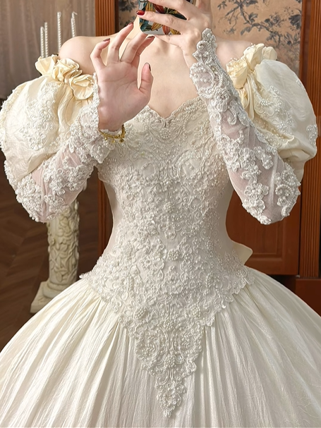 Ivory Vintage Wedding Ball Gown, Off‑the‑Shoulder Puff Short Sleeves With 3D Bows, Sweetheart Neck, Sheer Lace Long Sleeves, Beaded Lace Appliqués Fitted Bodice, Voluminous A‑Line Skirt With Scalloped Lace Hem, Prom Dress gh8659