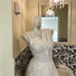 Ivory V-Neck Waist-Cinched Fitted Printed Full Flared Premium Vintage Romantic Dress, Wedding Gown gh7575