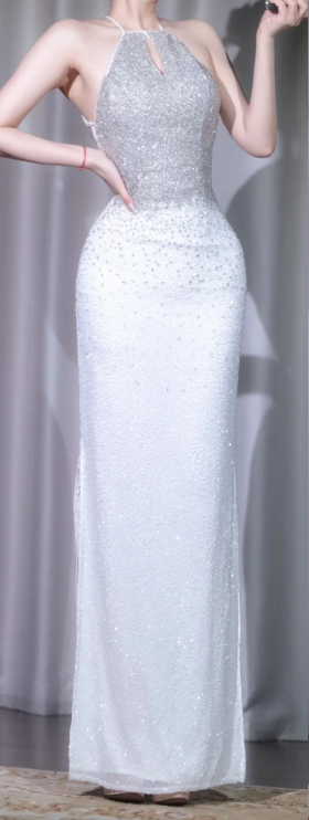 ✨Girlhomeshops-Ombre Silver White Halter Sequin Mermaid Prom Gown High Slit gh10114